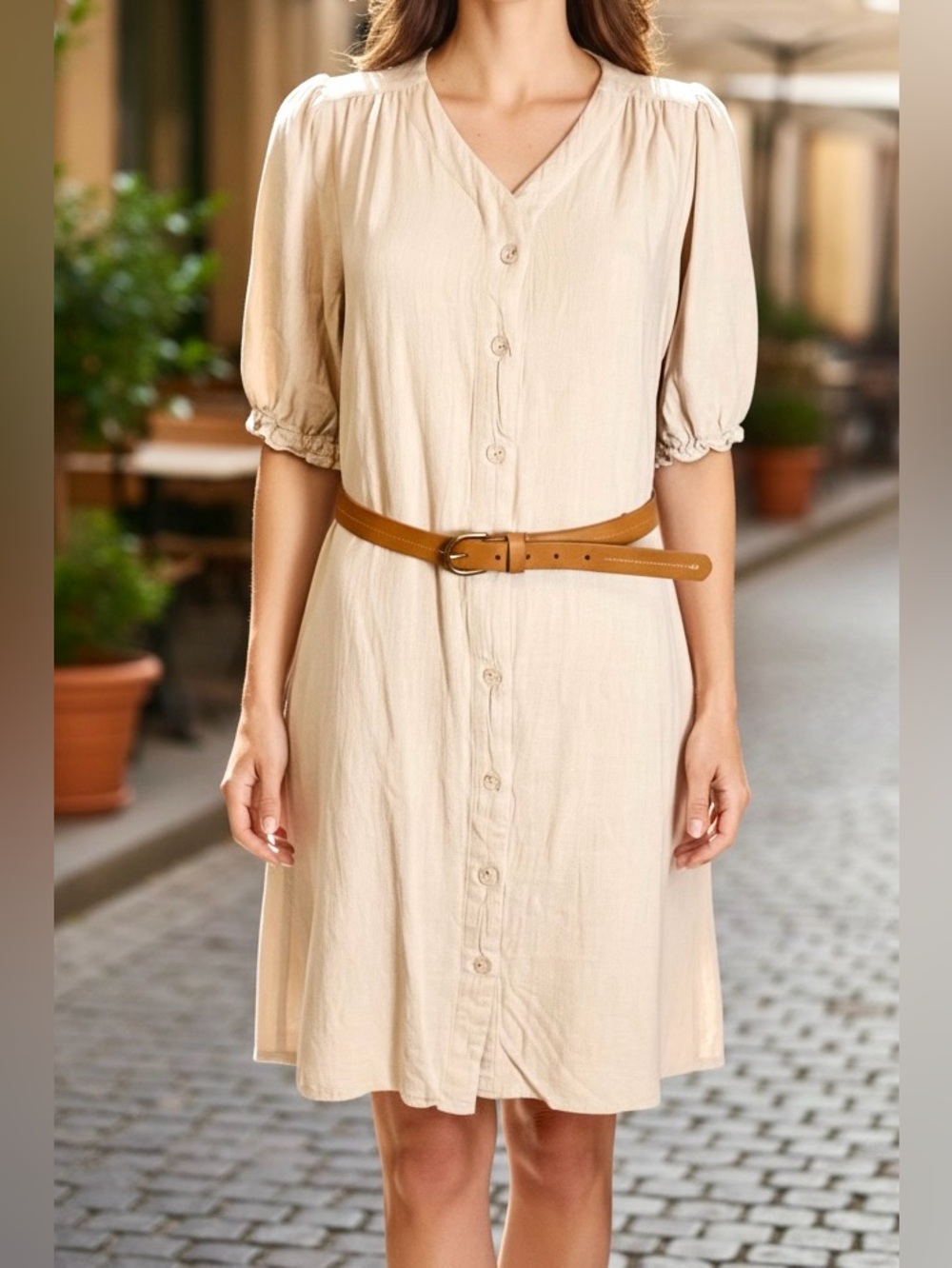Calista Cream Hemp Blend Button Front Dress L Belted Pockets Puff Sleeve Boho